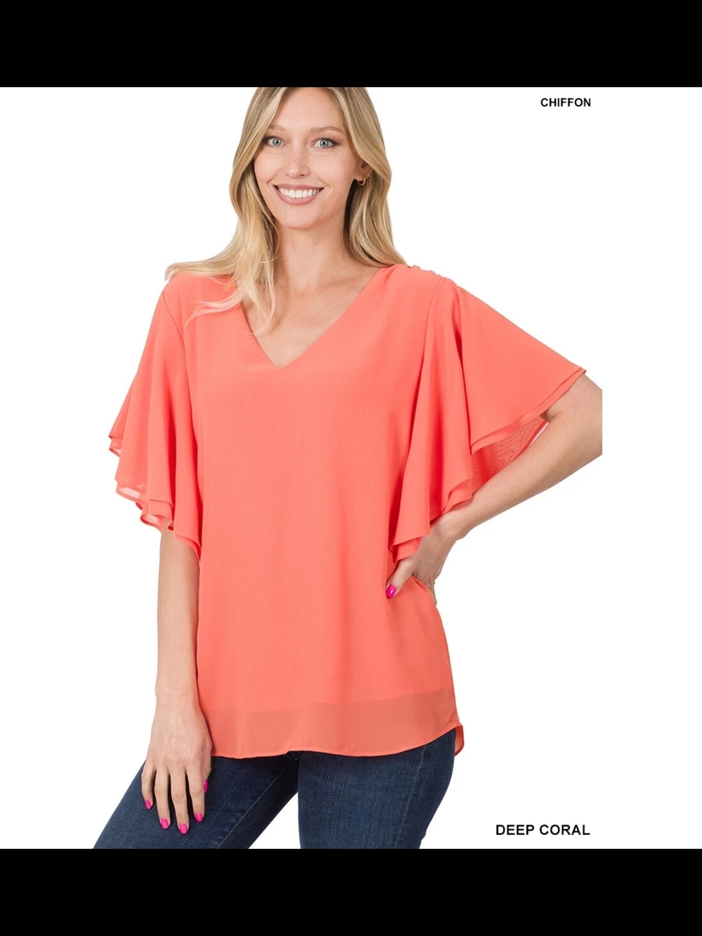 New Zenana Deep Coral V-Neck Flutter Sleeve Chiffon Top Medium